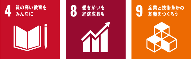 SDGsのロゴ。4.質の高い教育をみんなに、8.働きがいも経済性症も、9.産業と技術革新基盤をつくろう
